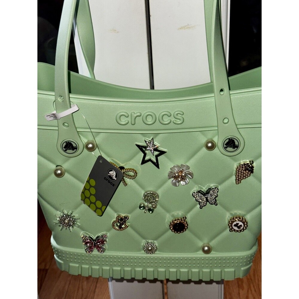 Bling Embellished Crocs Quilted Medium (Bogg Bag)Tote light green